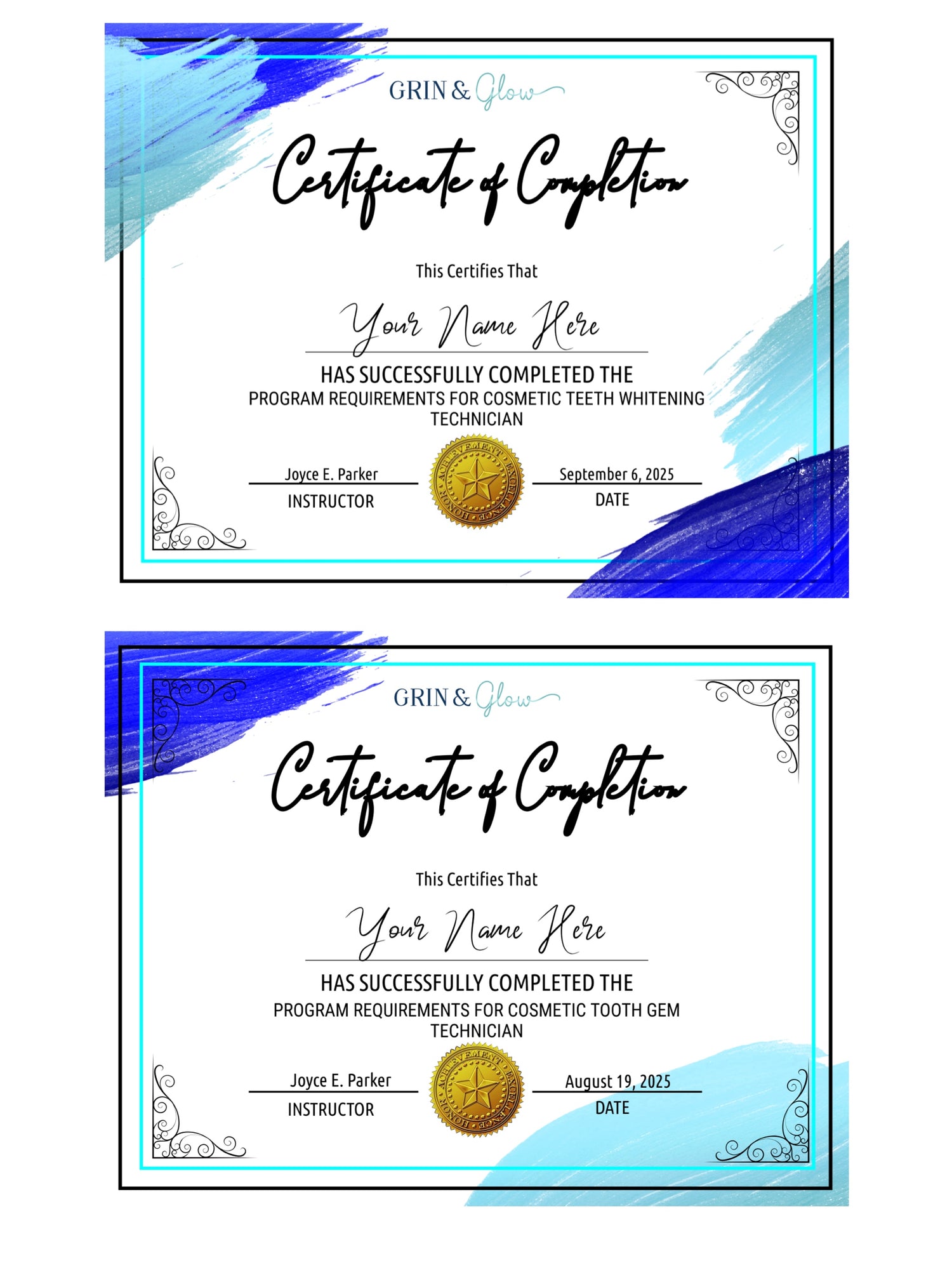 Grin & Glow® Teeth Whitening and Tooth Gem Certificate – professional training certification for beauty entrepreneurs.