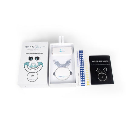 Grin & Glow Teeth Whitening Kit – vegan-friendly, non-invasive whitening system with LED light, whitening gel, and applicator for a brighter smile at home