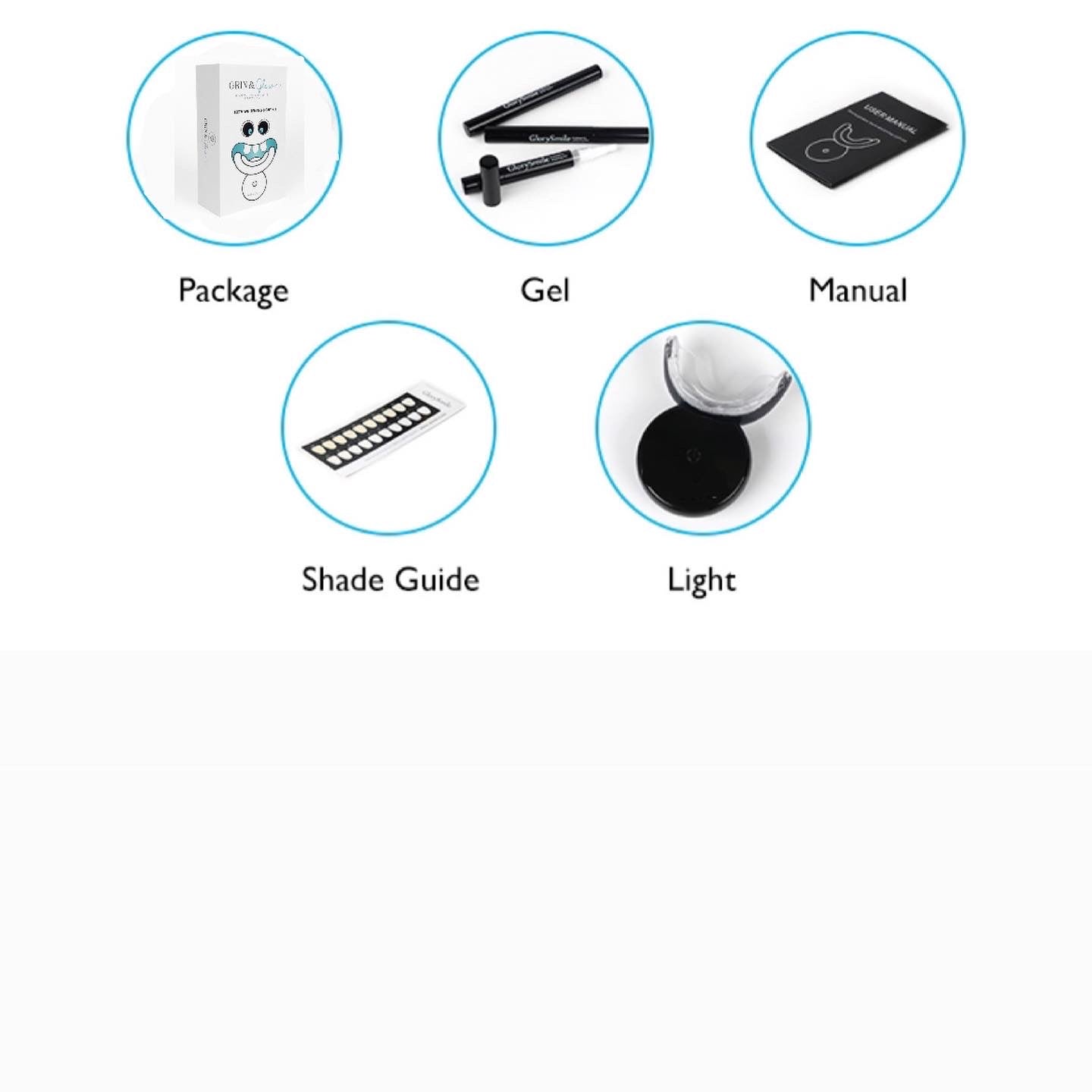 Grin & Glow Teeth Whitening Kit – vegan-friendly, non-invasive whitening system with LED light, whitening gel, and applicator for a brighter smile at home.
