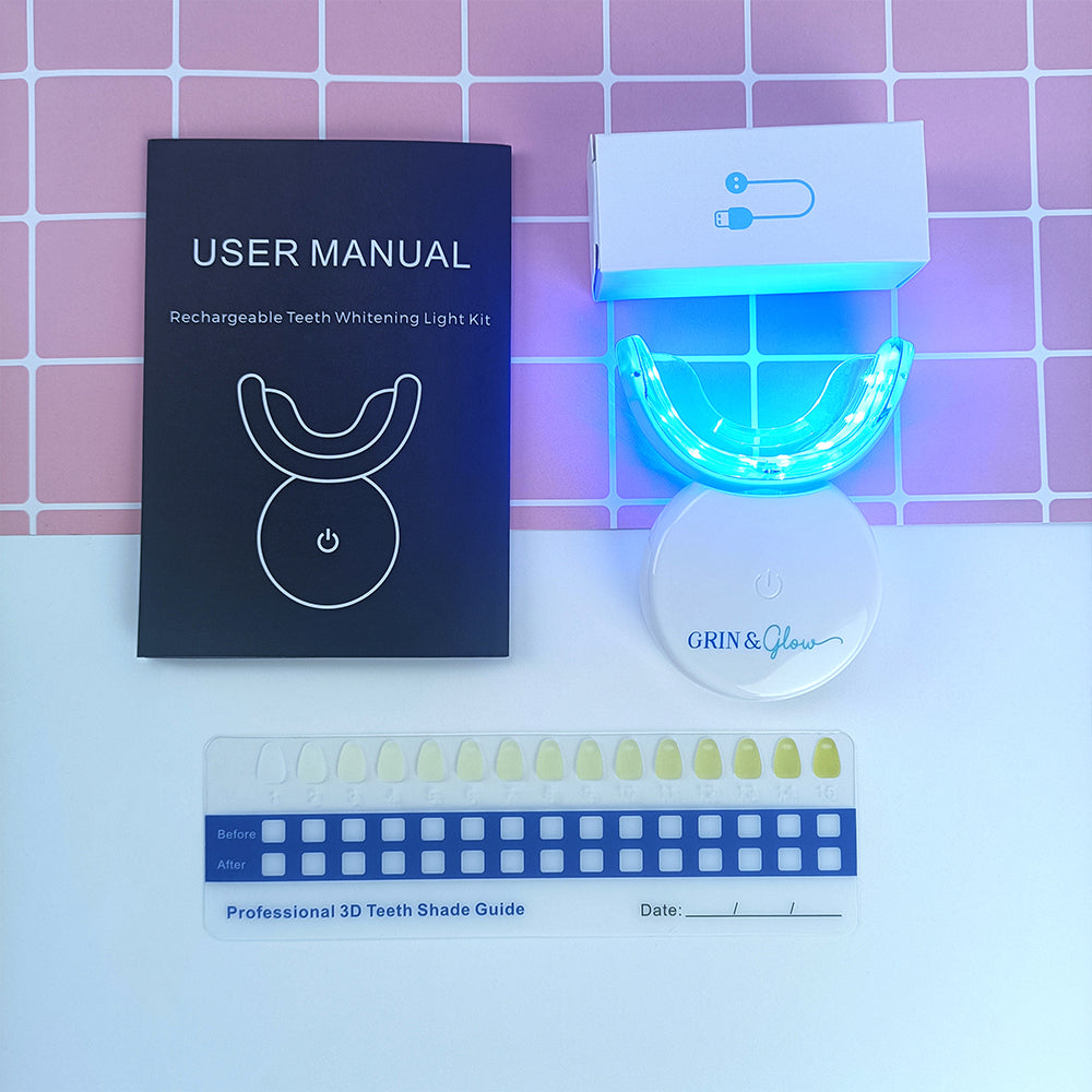 Grin & Glow Teeth Whitening Kit – vegan-friendly, non-invasive whitening system with LED light, whitening gel, and applicator for a brighter smile at home.