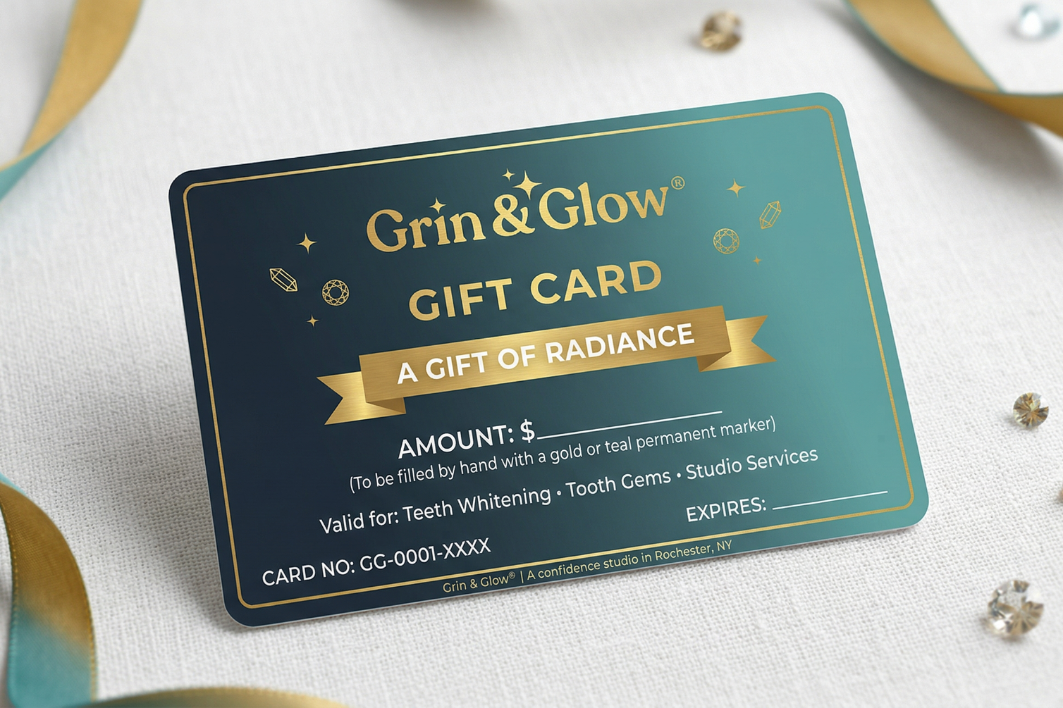 Grin & Glow gift card on a light background with decorative elements