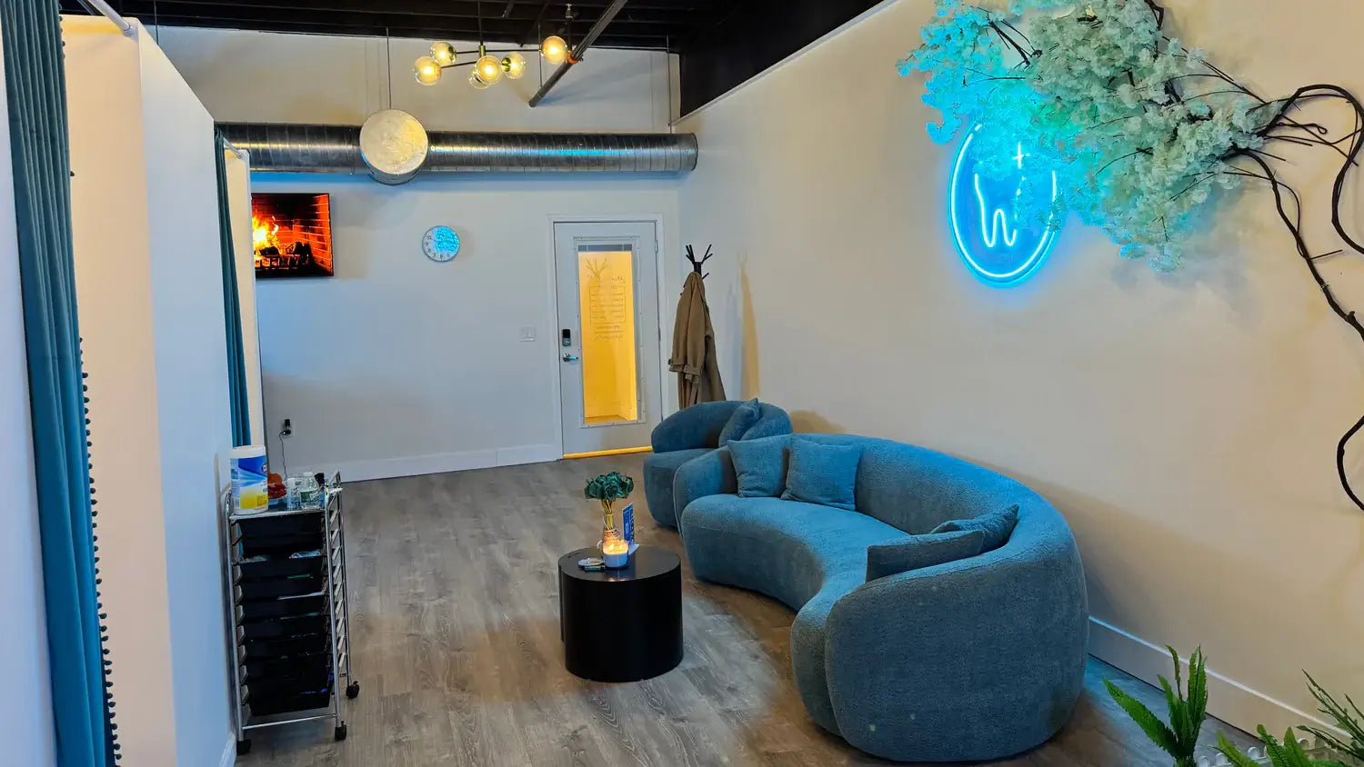 Interior of Grin & Glow’s luxury teeth whitening studio featuring a clean, modern design with soft neutral tones and elegant decor for a serene client experience.