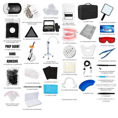 Professional teeth whitening and tooth gem training combo with LED light, vegan whitening gel, and take-home kit by Grin & Glow for a brighter, sparkling smile.