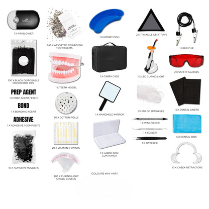 Professional tooth gem training course with LED light, vegan whitening gel, and take-home kit by Grin & Glow for a brighter, sparkling smile.